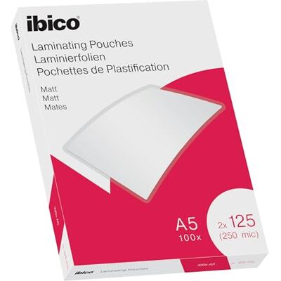 Ibico Laminierfolien A5 Matt 250 Mikron (2 x 125 mic), 100 Stück, Beschriftbare Heißlaminierfolien, Abgerundete Ecken, Ideal für Schule oder Büro, 627322 Ibico Laminierfolien A5 Matt 250 Mikron (2 x 125 mic), 100 Stück, Beschriftbare Heißlaminierfolien, Abgerundete Ecken, Ideal für Schule oder Büro, 627322
