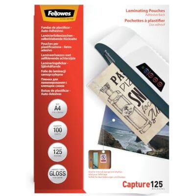Fellowes Laminierfolie A4, 125 Mikron (2 x 125 mic), mit selbstklebender Rückseite für Aushänge und Hinweisschilder, 100 Stück Fellowes Laminierfolie A4, 125 Mikron (2 x 125 mic), mit selbstklebender Rückseite für Aushänge und Hinweisschilder, 100 Stück