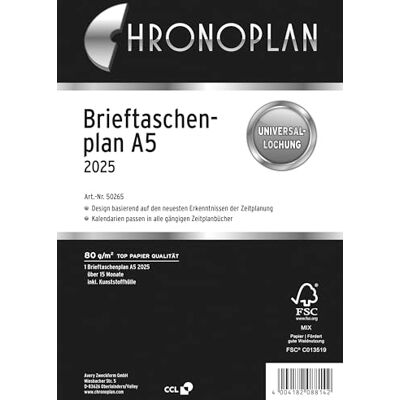Chronoplan 50265 Kalendereinlage 2025 (Brieftaschenplan A5 (156x210mm) Ersatzkalendarium für Terminplaner, Monatsplaner für 15 Monate, 1 Monat auf 1 Seite zum Aufklappen, mit Universallochung) weiß Chronoplan 50265 Kalendereinlage 2025 (Brieftaschenplan A5 (156x210mm) Ersatzkalendarium für Terminplaner, Monatsplaner für 15 Monate, 1 Monat auf 1 Seite zum Aufklappen, mit Universallochung) weiß