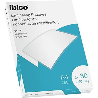 Ibico Laminierfolien A4 160 Mikron (2 x 80 mic), 250 Stück, Glänzende Heißlaminierfolien, Abgerundete Ecken, Ideal für Büro oder Schule, Transparent, Kristallklar, 628604 Ibico Laminierfolien A4 160 Mikron (2 x 80 mic), 250 Stück, Glänzende Heißlaminierfolien, Abgerundete Ecken, Ideal für Büro oder Schule, Transparent, Kristallklar, 628604