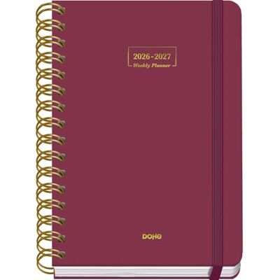 DOHE Schülerkalender 2026 2027 SEP bis JUN, Tag pro Seite, A5 (15x21 cm), Weicher Hardcover-Einband, Doppelspirale, Verschluss mit Gummiband, 2 Seiten Aufkleber, Spanisch und Englisch Bordeaux DOHE Schülerkalender 2026 2027 SEP bis JUN, Tag pro Seite, A5 (15x21 cm), Weicher Hardcover-Einband, Doppelspirale, Verschluss mit Gummiband, 2 Seiten Aufkleber, Spanisch und Englisch Bordeaux