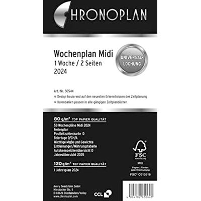 Chronoplan 50544 Kalendereinlage 2024 (Wochenplan Midi (96x172mm) Ersatzkalendarium für Terminplaner, ideal für detaillierte Wochenplanung, 1 Woche auf 2 Seiten in Spalten, mit Universallochung) weiß Chronoplan 50544 Kalendereinlage 2024 (Wochenplan Midi (96x172mm) Ersatzkalendarium für Terminplaner, ideal für detaillierte Wochenplanung, 1 Woche auf 2 Seiten in Spalten, mit Universallochung) weiß