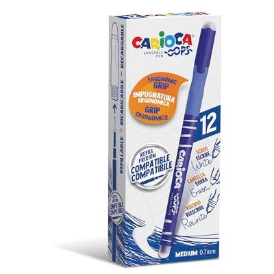 CARIOCA OOPS radierbare blaue Stifte, 12er-Schachtel, Spitze Ø 0,7 mm, ergonomischer dreieckiger Griff, Doppelradierer, thermosensitive Tinte, kompatibel mit Nachfüllungen (12 Stifte) CARIOCA OOPS radierbare blaue Stifte, 12er-Schachtel, Spitze Ø 0,7 mm, ergonomischer dreieckiger Griff, Doppelradierer, thermosensitive Tinte, kompatibel mit Nachfüllungen (12 Stifte)