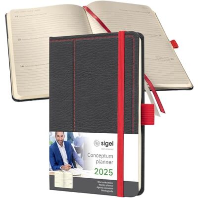 Sigel C2556 Wochenplaner Wochenkalender 2025, Lederoptik, ca. A6, dunkelgrau/rot, Hardcover, 176 Seiten, Gummiband, Stiftschlaufe, Archivtasche, aus nachhaltigem Papier, Conceptum Sigel C2556 Wochenplaner Wochenkalender 2025, Lederoptik, ca. A6, dunkelgrau/rot, Hardcover, 176 Seiten, Gummiband, Stiftschlaufe, Archivtasche, aus nachhaltigem Papier, Conceptum