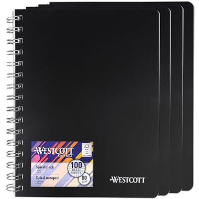 Westcott Spiralblock Notizbuch A5 kariert 4 Stück 200 Seiten Ringbuch A5 perforiert mit Premium 80 g/m² Papier Notizblock mit Spiralbindung Collegeblock im Kunststoffcover E-730891 00 Westcott Spiralblock Notizbuch A5 kariert 4 Stück 200 Seiten Ringbuch A5 perforiert mit Premium 80 g/m² Papier Notizblock mit Spiralbindung Collegeblock im Kunststoffcover E-730891 00