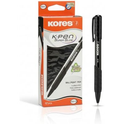Kores 38621 K6: Schwarzer Druckkugelschreiber, 0,7 mm Fine Point Biro mit wischfester Tinte für flüssiges Schreiben, Softgrip, Schul- und Bürobedarf, 12er-Pack Kores 38621 K6: Schwarzer Druckkugelschreiber, 0,7 mm Fine Point Biro mit wischfester Tinte für flüssiges Schreiben, Softgrip, Schul- und Bürobedarf, 12er-Pack