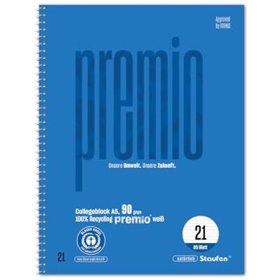 Staufen Premio Collegeblock 5 Stück, 80 Blatt, DIN A5, liniert 9 mm Lineatur 21, 100% Recyclingpapier, zertifiziert mit dem Blauen Engel, abgerundete Ecken, 90 g/m² Papier Staufen Premio Collegeblock 5 Stück, 80 Blatt, DIN A5, liniert 9 mm Lineatur 21, 100% Recyclingpapier, zertifiziert mit dem Blauen Engel, abgerundete Ecken, 90 g/m² Papier