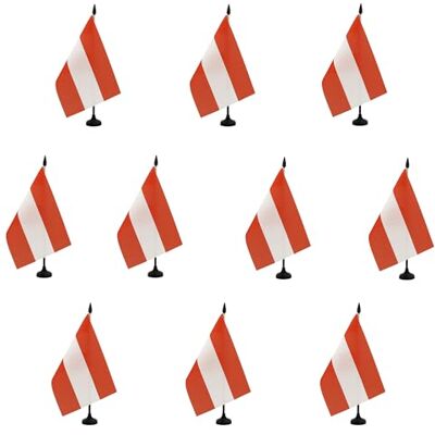AZ FLAG 10er-Set Tischflaggen Österreich 21x14 cm Kunststoffsockel Für innen Österreichische Tischflagge genähte Ausführung mit verstärkten Kanten mit Kunststoffstab 100D Polyester AZ FLAG 10er-Set Tischflaggen Österreich 21x14 cm Kunststoffsockel Für innen Österreichische Tischflagge genähte Ausführung mit verstärkten Kanten mit Kunststoffstab 100D Polyester