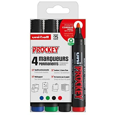 uni-ball Uni Prockey Uni Mitsubishi Pencil – Permanentmarker geruchlos PM122 – Multihalter, auf Wasserbasis, geruchlos, mittlere konische Spitze, 1,2 – 1,8 mm, Verpackung ohne Kunststoff, 4 Farben uni-ball Uni Prockey Uni Mitsubishi Pencil – Permanentmarker geruchlos PM122 – Multihalter, auf Wasserbasis, geruchlos, mittlere konische Spitze, 1,2 – 1,8 mm, Verpackung ohne Kunststoff, 4 Farben