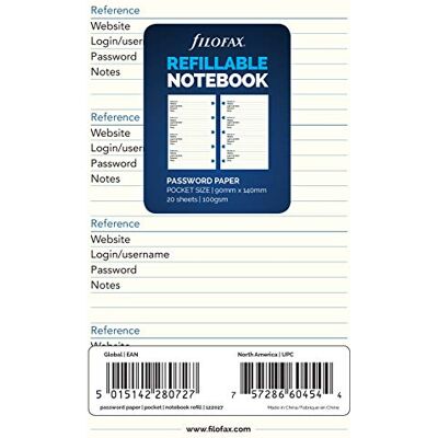 Filofax Nachfüllpackung Passwortpapier Weiß, 20 Blatt, 90 x 140 mm, Taschenformat Filofax Nachfüllpackung Passwortpapier Weiß, 20 Blatt, 90 x 140 mm, Taschenformat