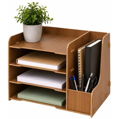 Relaxdays Briefablage, DIN A4, 4 Fächer, Stehsammler, Stifthalter, braun HxBxT: 23 x 31,5 x 29 cm, MDF, Ablagefächer Relaxdays Briefablage, DIN A4, 4 Fächer, Stehsammler, Stifthalter, braun HxBxT: 23 x 31,5 x 29 cm, MDF, Ablagefächer