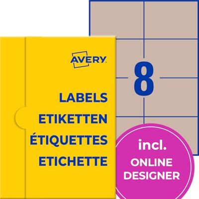 Avery Kraftpapier Etiketten (80 Aufkleber zum Bedrucken, 105x74mm auf A4, selbstklebend, Recycling Etiketten, nachhaltige Produktaufkleber) 10 Blatt, naturbraun Avery Kraftpapier Etiketten (80 Aufkleber zum Bedrucken, 105x74mm auf A4, selbstklebend, Recycling Etiketten, nachhaltige Produktaufkleber) 10 Blatt, naturbraun