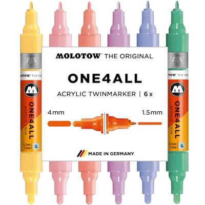Molotow One4All Acrylic Twin Marker Pastel Classic Set (1,5 und 4,0 mm Strichstärke, hochdeckend und permanent, schnell trocknend, nachfüllbar, für fast alle Untergründe) 6 Stück sortiert Molotow One4All Acrylic Twin Marker Pastel Classic Set (1,5 und 4,0 mm Strichstärke, hochdeckend und permanent, schnell trocknend, nachfüllbar, für fast alle Untergründe) 6 Stück sortiert