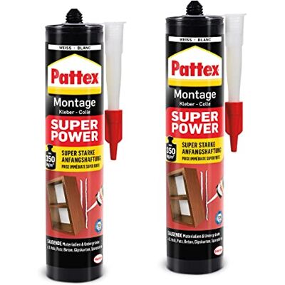 Pattex Montagekleber Super Power, Baukleber mit superstarker Anfangshaftung, Kraftkleber für saugende Materialien, Kleber für innen & außen, Aktionspack mit 2 x 370g, 9H PXS37 Pattex Montagekleber Super Power, Baukleber mit superstarker Anfangshaftung, Kraftkleber für saugende Materialien, Kleber für innen & außen, Aktionspack mit 2 x 370g, 9H PXS37