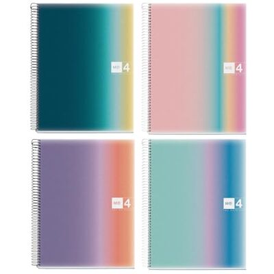 Miquelrius Packung mit 4 A4 Notizbüchern, 120 Blatt 70 g/m², Gitternotizbuch, Polypropylen Notizbücher, Spiraleinband, 4 Löcher zum Abheften, Ideal für den Schulanfang, Aurora Collection Miquelrius Packung mit 4 A4 Notizbüchern, 120 Blatt 70 g/m², Gitternotizbuch, Polypropylen Notizbücher, Spiraleinband, 4 Löcher zum Abheften, Ideal für den Schulanfang, Aurora Collection
