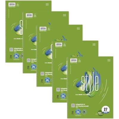 Staufen Style Collegeblock 5 Stück à 80 Blatt DIN A4, 70 g/m², liniert mit RL Lineatur 27, 100% Recyclingpapier, zertifiziert mit dem Blauen Engel, 4-fach gelocht, abgerundete Ecken Staufen Style Collegeblock 5 Stück à 80 Blatt DIN A4, 70 g/m², liniert mit RL Lineatur 27, 100% Recyclingpapier, zertifiziert mit dem Blauen Engel, 4-fach gelocht, abgerundete Ecken