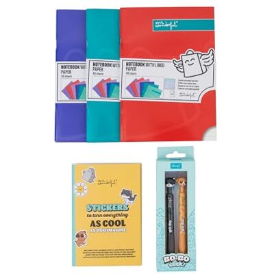 Mr. Wonderful Pack Back to School Deep Colours – 2 löschbare Stifte Bo-Bo, Aufkleber und 3 A5-Notizbücher Mr. Wonderful Pack Back to School Deep Colours – 2 löschbare Stifte Bo-Bo, Aufkleber und 3 A5-Notizbücher