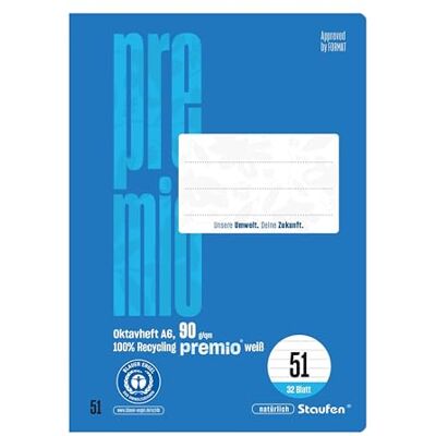 Staufen premio Oktavheft 5 Hefte je 32 Blatt, DIN A6, Lineatur 51 (7mm liniert), 90g/m² Recyclingpapier, runde Ecken verhindern „Eselsohren“ Staufen premio Oktavheft 5 Hefte je 32 Blatt, DIN A6, Lineatur 51 (7mm liniert), 90g/m² Recyclingpapier, runde Ecken verhindern „Eselsohren“
