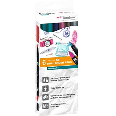 Tombow ABT Dual Brush Pen, Vintage Colors, Stift mit zwei Spitzen, perfekt fürs Hand-Lettering und Bullet Journal, wasservermalbar, ABT-6C-5, 6er Set, 1 stück (6er Pack) Tombow ABT Dual Brush Pen, Vintage Colors, Stift mit zwei Spitzen, perfekt fürs Hand-Lettering und Bullet Journal, wasservermalbar, ABT-6C-5, 6er Set, 1 stück (6er Pack)