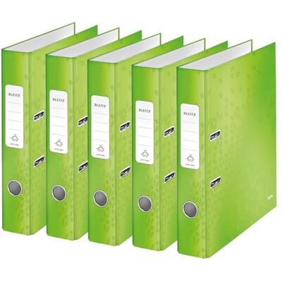 Leitz Qualitäts-Ordner 180°, 5er Pack, A4, schmal, 5,2 cm Rückenbreite, laminierte Graupappe, Grün, WOW Serie, 10064054 Leitz Qualitäts-Ordner 180°, 5er Pack, A4, schmal, 5,2 cm Rückenbreite, laminierte Graupappe, Grün, WOW Serie, 10064054