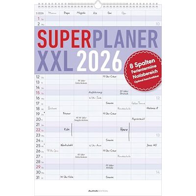 Alpha Superplaner XXL 8 Spalten 2026 – Familienkalender 34×49,5 cm mit 8 Spalten & Notizbereich, großer Familienplaner & Wandkalender mit Ferienterminen für Familien, Teams & Vereine Alpha Superplaner XXL 8 Spalten 2026 – Familienkalender 34×49,5 cm mit 8 Spalten & Notizbereich, großer Familienplaner & Wandkalender mit Ferienterminen für Familien, Teams & Vereine