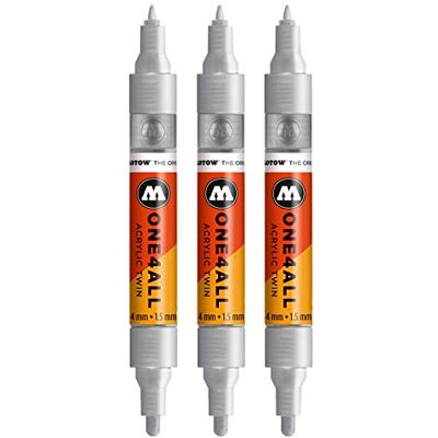 Molotow One4All Acrylic Twin Marker (Strichstärke 1,5 mm und 4 mm, hochdeckend und permanent) 3 Stück Farbe 227 metallic silber Molotow One4All Acrylic Twin Marker (Strichstärke 1,5 mm und 4 mm, hochdeckend und permanent) 3 Stück Farbe 227 metallic silber