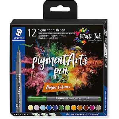 Staedtler brush pen pigment Arts, pigmentierte Premium-Zeichentusche, Pinselspitze für variable Linienbreite, wasserfest, 12 brush pens in sortierten "nature colours" im Kartonetui, 371 C12-3 Staedtler brush pen pigment Arts, pigmentierte Premium-Zeichentusche, Pinselspitze für variable Linienbreite, wasserfest, 12 brush pens in sortierten "nature colours" im Kartonetui, 371 C12-3