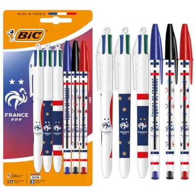 BIC 4 Farben und Cristal "Französischer Fußballverband", nachfüllbare Kugelschreiber, mittlere Spitze (1,0 mm), verschiedene Dekore, 6 Stück BIC 4 Farben und Cristal "Französischer Fußballverband", nachfüllbare Kugelschreiber, mittlere Spitze (1,0 mm), verschiedene Dekore, 6 Stück