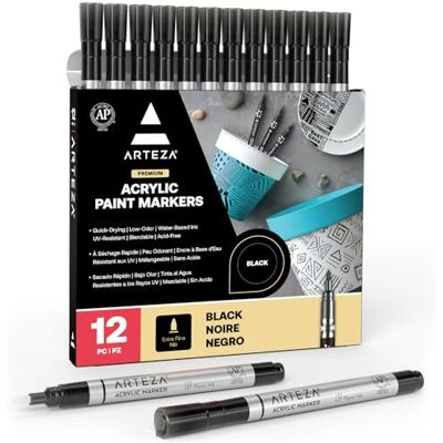 ARTEZA Acrylmarker Schwarz, 12er Set, langlebige Acrylstifte wasserfest mit Kunststoffspitze, Stifte zum Steine Bemalen, für Metall, Leinwand, Keramikoberflächen, Glas, Holz und Stoff ARTEZA Acrylmarker Schwarz, 12er Set, langlebige Acrylstifte wasserfest mit Kunststoffspitze, Stifte zum Steine Bemalen, für Metall, Leinwand, Keramikoberflächen, Glas, Holz und Stoff
