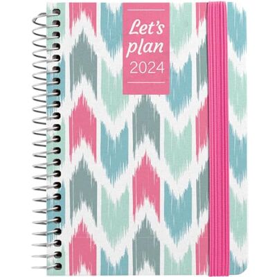 Grafoplás Jahresplaner 2024 A6 Mehrfarbig Pink Spanisch Tag Seite 10,5 x 16,5 cm Spiralbindung Hardcover mit bedrucktem Stoff ausgekleidet elastischer Verschluss Perfekt für die Grafoplás Jahresplaner 2024 A6 Mehrfarbig Pink Spanisch Tag Seite 10,5 x 16,5 cm Spiralbindung Hardcover mit bedrucktem Stoff ausgekleidet elastischer Verschluss Perfekt für die