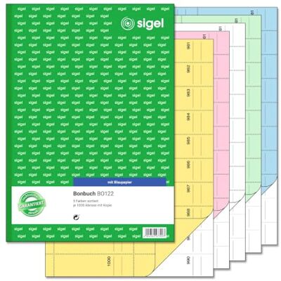 Sigel Bonbücher Sparpack 5er Set A4 1000 Abrisse BO122, in gelb, rosa, weiß, grün, blau, A4, 2x50 Blatt (jeweils nummeriert von 1 1000) Sigel Bonbücher Sparpack 5er Set A4 1000 Abrisse BO122, in gelb, rosa, weiß, grün, blau, A4, 2x50 Blatt (jeweils nummeriert von 1 1000)