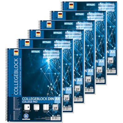 Stylex 43888-P6 Collegeblock liniert, 6 Stück in DIN A4, je 80 Blatt mit 60 g/m² mit Spiralbindung Stylex 43888-P6 Collegeblock liniert, 6 Stück in DIN A4, je 80 Blatt mit 60 g/m² mit Spiralbindung