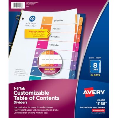 Avery 8 Registerkarten für 3-Ringbinder, anpassbares Inhaltsverzeichnis, mehrfarbige Register, 24 Sets (11168) Avery 8 Registerkarten für 3-Ringbinder, anpassbares Inhaltsverzeichnis, mehrfarbige Register, 24 Sets (11168)