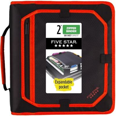Five Star 2 Inch Zipper Binder, 3 Ring Binder, Expansion Panel, Durable, Red/Black (29052CE8) Five Star 2 Inch Zipper Binder, 3 Ring Binder, Expansion Panel, Durable, Red/Black (29052CE8)