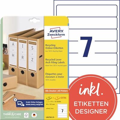 Avery LR4760-25 Recycling Ordnerrücken Etiketten (210 Rückenschilder, 38x192mm auf A4, 100% recyceltes Altpapier, schmal/kurz, selbstklebend, bedruckbare Ordneretiketten) 30 Blatt, naturweiß Avery LR4760-25 Recycling Ordnerrücken Etiketten (210 Rückenschilder, 38x192mm auf A4, 100% recyceltes Altpapier, schmal/kurz, selbstklebend, bedruckbare Ordneretiketten) 30 Blatt, naturweiß