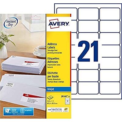 Avery Weiße Adressaufkleber - 315 auf 15 Blatt - Tintenstrahldrucker Avery Weiße Adressaufkleber - 315 auf 15 Blatt - Tintenstrahldrucker
