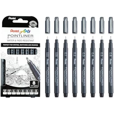 Pentel Pointliner YS20P-8, 8er Set Fineliner, schwarz, wasserfest und lichtecht, 0,03-0,8 mm Pentel Pointliner YS20P-8, 8er Set Fineliner, schwarz, wasserfest und lichtecht, 0,03-0,8 mm