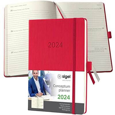 Sigel C2464 Terminplaner Wochenkalender 2024, ca. A5, rot, Hardcover, 192 Seiten, Gummiband, Stiftschlaufe, Archivtasche, PEFC-zertifiziert, Conceptum Sigel C2464 Terminplaner Wochenkalender 2024, ca. A5, rot, Hardcover, 192 Seiten, Gummiband, Stiftschlaufe, Archivtasche, PEFC-zertifiziert, Conceptum