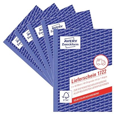 Avery 1722-5 Lieferschein (A6, 2x40 Blatt, selbstdurchschreibend mit farbigem Durchschlag, zur systematischen Erfassung aller relevanten Lieferpositionen) 5er Pack, weiß/gelb Avery 1722-5 Lieferschein (A6, 2x40 Blatt, selbstdurchschreibend mit farbigem Durchschlag, zur systematischen Erfassung aller relevanten Lieferpositionen) 5er Pack, weiß/gelb