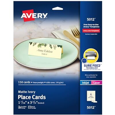 Avery Bedruckbare Tischkarten mit Sure Feed-Technologie, 4,8 x 9,5 cm, strukturiertes Elfenbein, 150 leere Zeltkarten für Laser- oder Tintenstrahldrucker (5012) Avery Bedruckbare Tischkarten mit Sure Feed-Technologie, 4,8 x 9,5 cm, strukturiertes Elfenbein, 150 leere Zeltkarten für Laser- oder Tintenstrahldrucker (5012)