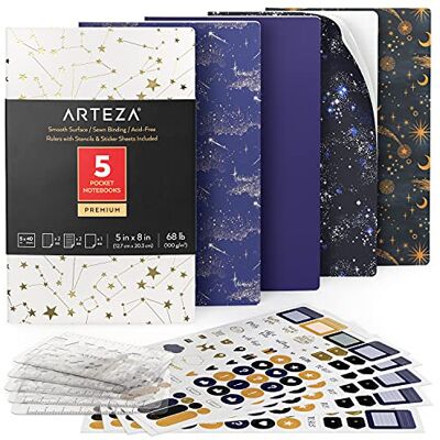 ARTEZA Notizbücher 5er-Set, 12.7 x 20.3 cm, Konstellationsdesigns, 2x Notizbuch liniert, 2x Bullet Journal und 1x Notizbuch weiße Seiten unliniert, fadengenähte Bindung, Softcover, glattes Papier ARTEZA Notizbücher 5er-Set, 12.7 x 20.3 cm, Konstellationsdesigns, 2x Notizbuch liniert, 2x Bullet Journal und 1x Notizbuch weiße Seiten unliniert, fadengenähte Bindung, Softcover, glattes Papier