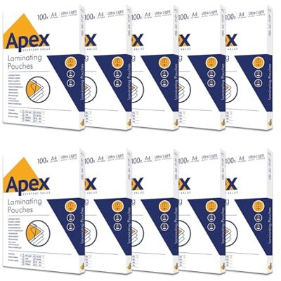 Fellowes Apex A4-Laminierfolien, glänzende Oberfläche, 1000 Blatt Super-Flex Ideal für Notizen und Fotos Fellowes Apex A4-Laminierfolien, glänzende Oberfläche, 1000 Blatt Super-Flex Ideal für Notizen und Fotos