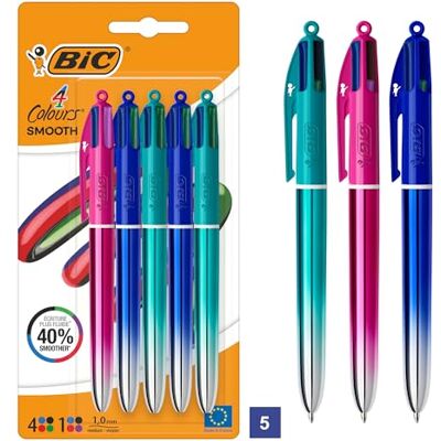BIC 4 Colours Smooth Druckkugelschreiber mit mittlerer Spitze (1,00 mm) mit blau, blaugrün und pink schillernden Schäften – verschiedene Tintenfarben, Packung à 5 BIC 4 Colours Smooth Druckkugelschreiber mit mittlerer Spitze (1,00 mm) mit blau, blaugrün und pink schillernden Schäften – verschiedene Tintenfarben, Packung à 5