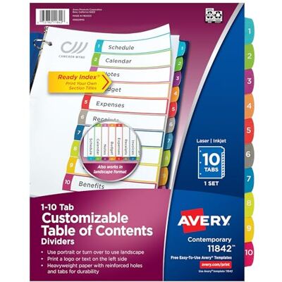 Avery 10 Registerkarten für 3 Ringbücher, anpassbares Inhaltsverzeichnis, mehrfarbig, 1 Set (11842) Avery 10 Registerkarten für 3 Ringbücher, anpassbares Inhaltsverzeichnis, mehrfarbig, 1 Set (11842)