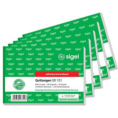 Sigel SD121/5 Quittungsblock fortlaufend nummeriert, eindeutige 7stellige Nummer, A6 quer, 5 Stück, 2x50 Blatt, selbstdurchschreibend, aus nachhaltigem Papier Sigel SD121/5 Quittungsblock fortlaufend nummeriert, eindeutige 7stellige Nummer, A6 quer, 5 Stück, 2x50 Blatt, selbstdurchschreibend, aus nachhaltigem Papier