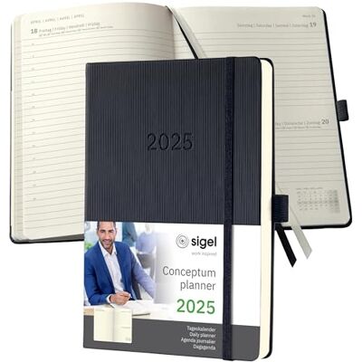Sigel C2510 Terminplaner Tageskalender 2025, ca. A5, schwarz, Hardcover, 400 Seiten, Gummiband, Stiftschlaufe, Archivtasche, aus nachhaltigem Papier, Conceptum Sigel C2510 Terminplaner Tageskalender 2025, ca. A5, schwarz, Hardcover, 400 Seiten, Gummiband, Stiftschlaufe, Archivtasche, aus nachhaltigem Papier, Conceptum