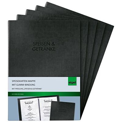 Sigel SM111/5 Speisekarten-Mappen mit Gummi-Bindung für A4, 5-er Pack, schwarz mit edler Leinenstruktur, strapazierfähig und leicht abwischbar Sigel SM111/5 Speisekarten-Mappen mit Gummi-Bindung für A4, 5-er Pack, schwarz mit edler Leinenstruktur, strapazierfähig und leicht abwischbar