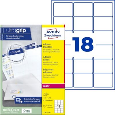 Avery L7161-100 Adressetiketten/Adressaufkleber (1.800 Etiketten mit ultragrip, 63,5x46,6mm auf A4, bedruckbar, selbstklebend, für DIN B6/C6 Briefkuverts, Papier matt) 100 Blatt, weiß Avery L7161-100 Adressetiketten/Adressaufkleber (1.800 Etiketten mit ultragrip, 63,5x46,6mm auf A4, bedruckbar, selbstklebend, für DIN B6/C6 Briefkuverts, Papier matt) 100 Blatt, weiß