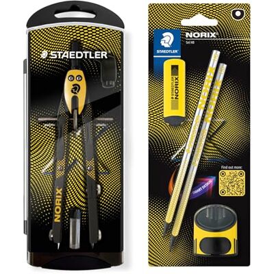 Staedtler NORIX Set Schnellverstellzirkel, Blisterkarte mit 2 Bleistiften HB, Radierer und Einzelspitzdose, gelb Staedtler NORIX Set Schnellverstellzirkel, Blisterkarte mit 2 Bleistiften HB, Radierer und Einzelspitzdose, gelb