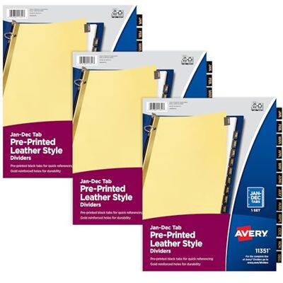 Avery Jan-Dec Trennblätter für 3 Ringbücher, 12-Tab-Sets, vorgedruckte schwarze Leder-Tabs, 3 Ordner-Trennblätter-Sets (26180) Avery Jan-Dec Trennblätter für 3 Ringbücher, 12-Tab-Sets, vorgedruckte schwarze Leder-Tabs, 3 Ordner-Trennblätter-Sets (26180)